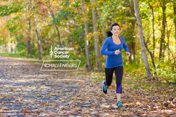 A woman running with the American Cancer Society Challengers logo overlaid
