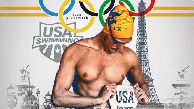 A man in a USA Swimming cap and gear, with Olympic rings above and the Eiffel Tower in the background.