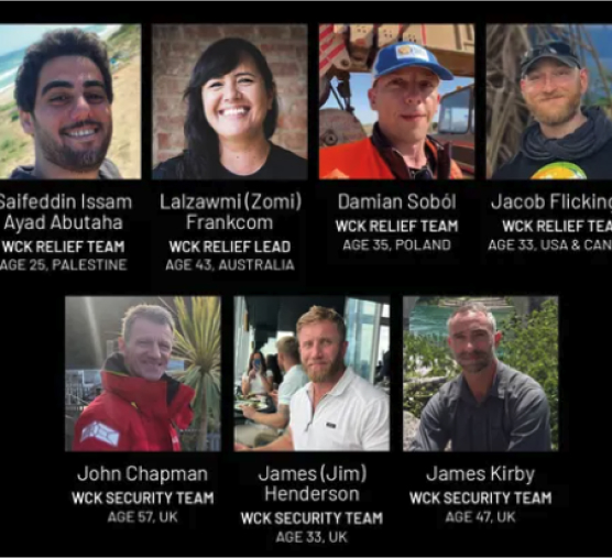 A collage of seven people from WCK Relief and Security Team, with their names, ages, and countries listed, mourning their loss.