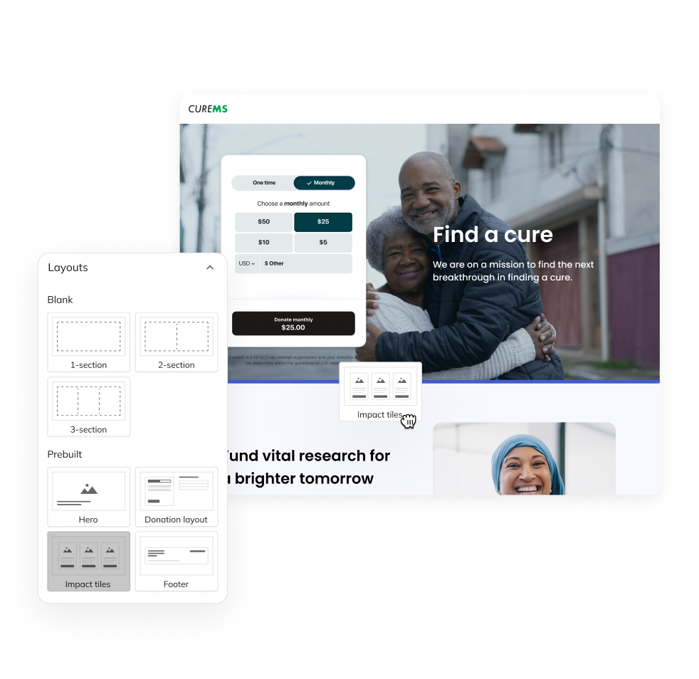 Fundraising software interface displaying donation options and customizable layout sections for creating a donation page.