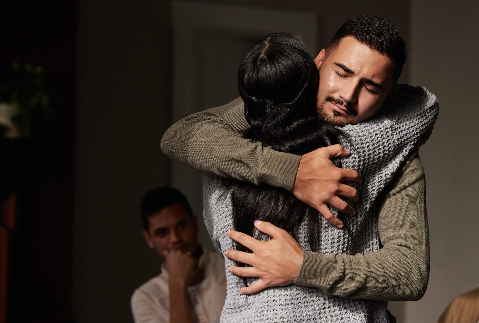 Hug, support and crying man embrace for comfort