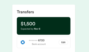 screen that reads "transfers" and has an example of $1,500 ready to transfer to the organizer's bank account