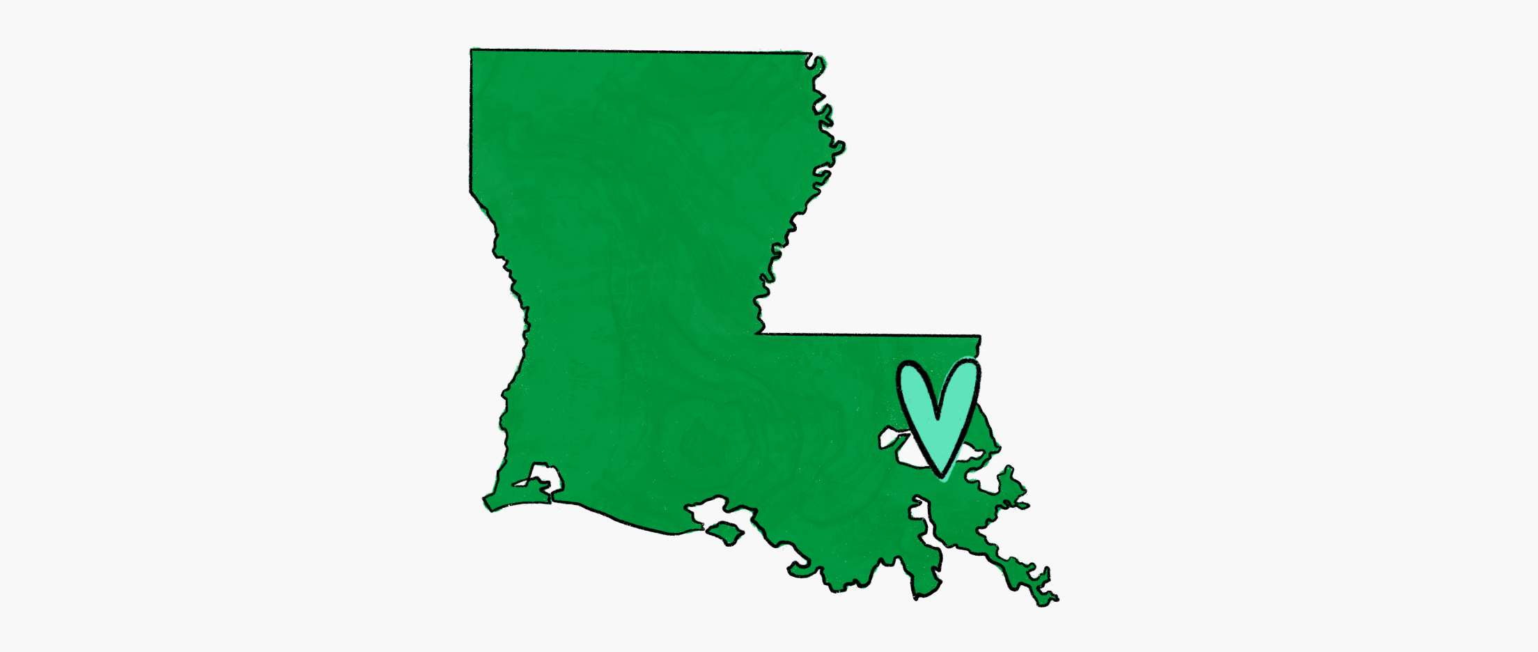 outline of Louisiana with a heart of New Orleans