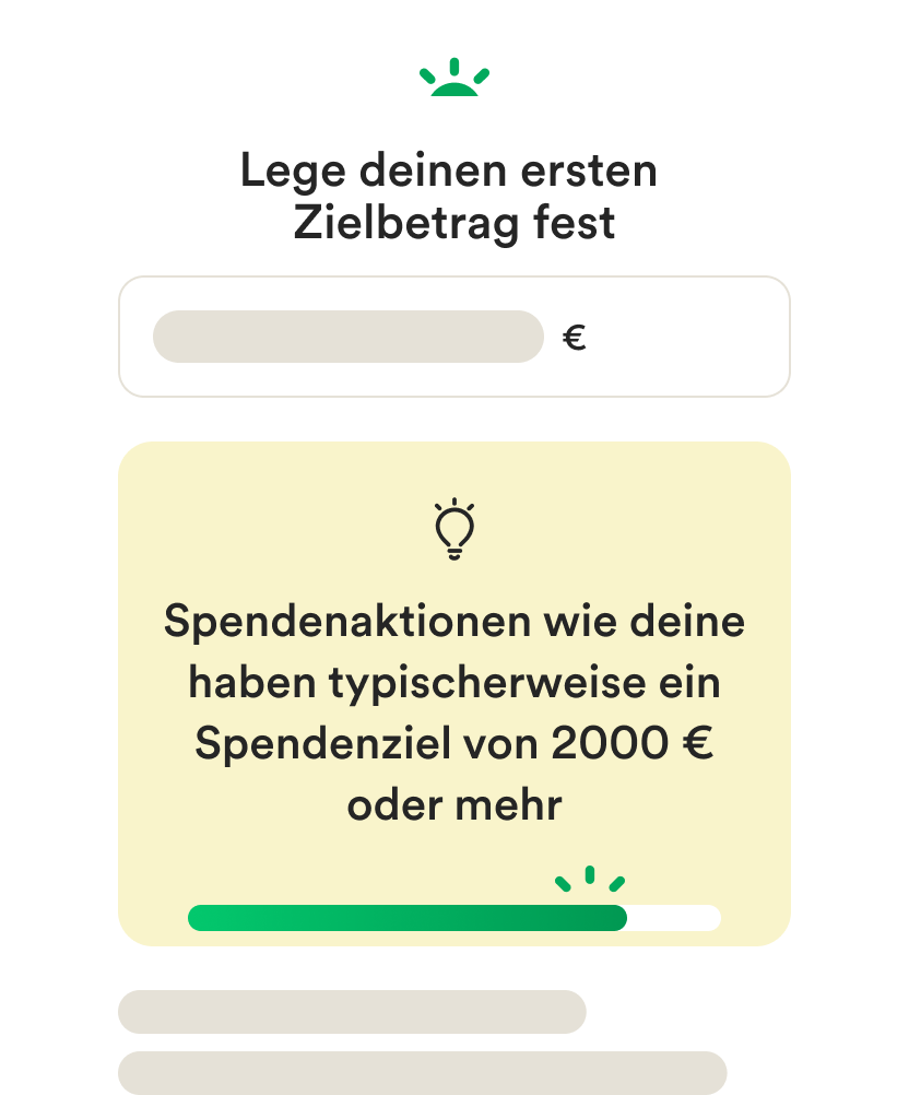 Wireframe-Benutzeroberfläche für Mobilgeräte zur Erstellung einer Spendenaktion und zum Festlegen eines Zielbetrags