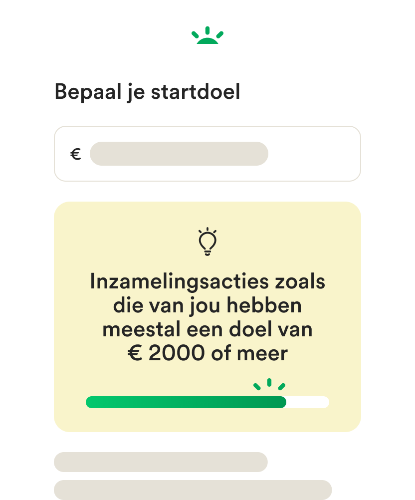 Wireframe mobiele UI voor het maken van een inzamelingsactie en het instellen van een doelbedrag